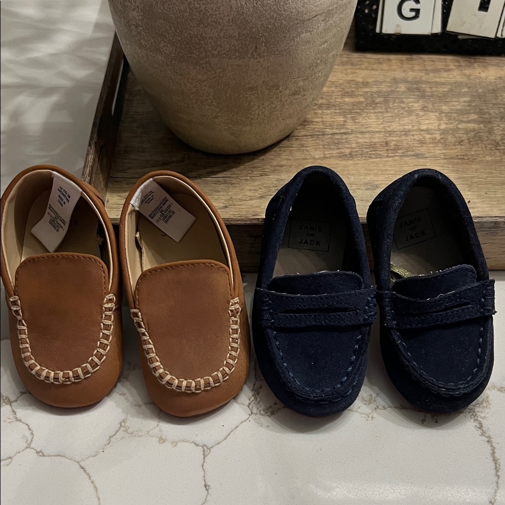 Janie and Jack Tan and Navy Moccasins